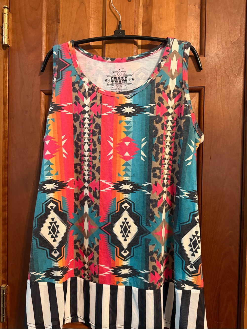 Crazy Train Multicolor Aztec Print Tee (Turquoise, Coral, Yellow, Brown, White) - Picture 3 of 4